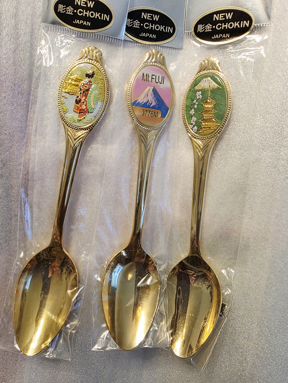Vintage New Chokin 24K Gold Plated Souvenir Spoons Japan - Set of 3 NIP